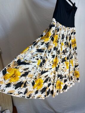 Carole Little Vintage Floral Midi Skirt Yellow Black Linen Rayon Stretch Waist
